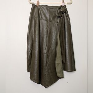 Olive Faux Leather Asymmetrical Wrap Skirt